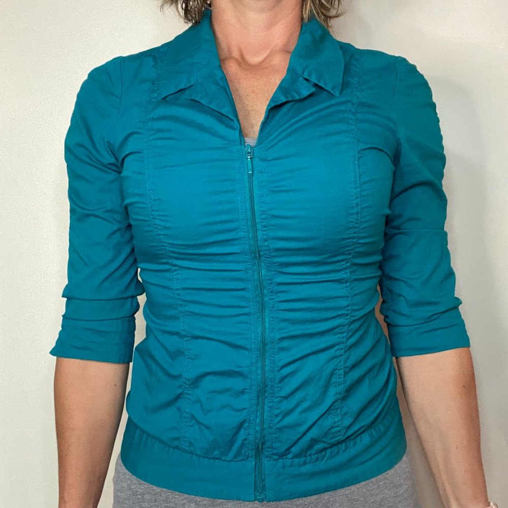 Blouse, turquoise, zipper front